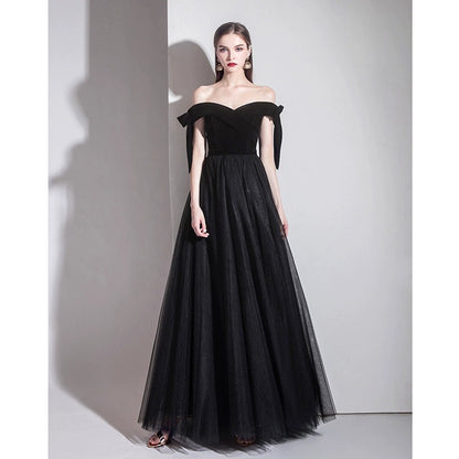 2025 One-word shoulder black evening dress, high-end sense, light luxury, niche banquet host, art test dress, temperament, celebrity dress