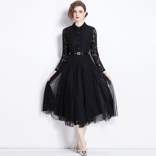 Spring and summer new lapel heavy industry crochet hollowed out  lace dress women's sexy swinging knee-length skirt