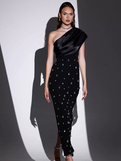 Xiaoxiangfeng one-shoulder slim-fitting rhinestone dress annual meeting catwalk temperament elegant and thin dinner party birthday dress