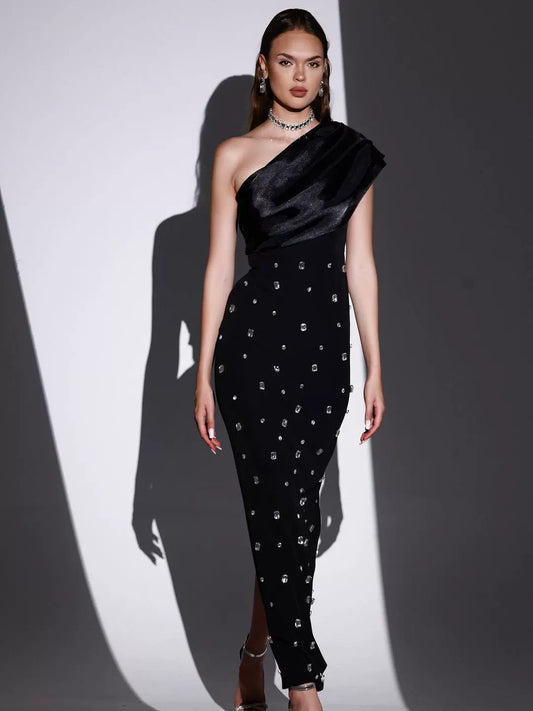 Xiaoxiangfeng one-shoulder slim-fitting rhinestone dress annual meeting catwalk temperament elegant and thin dinner party birthday dress