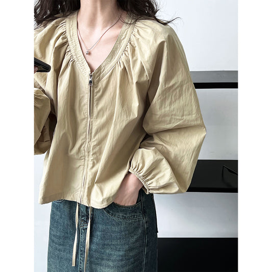 Luxi, early autumn new Korean lazy V-neck zipper long-sleeved shirt women's design sense niche Popular style top 7056
