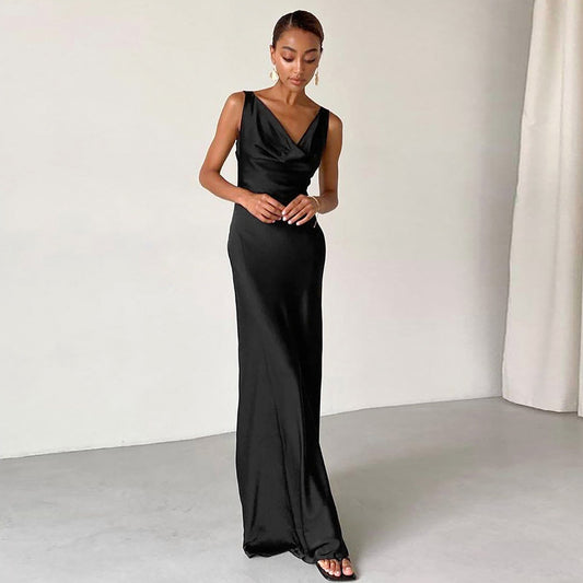 2025 summer new dress ice silk dress temperament small black dress dress with sexy backless dress