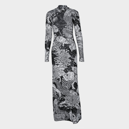 New women's clothing  autumn new fashion mesh printing perspective turtleneck slim and thin dress women