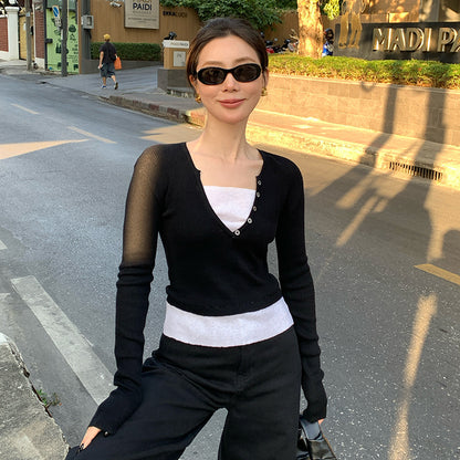 2025 spring new versatile wool color matching bottoming knitted sweater fake two long-sleeved top women 25221