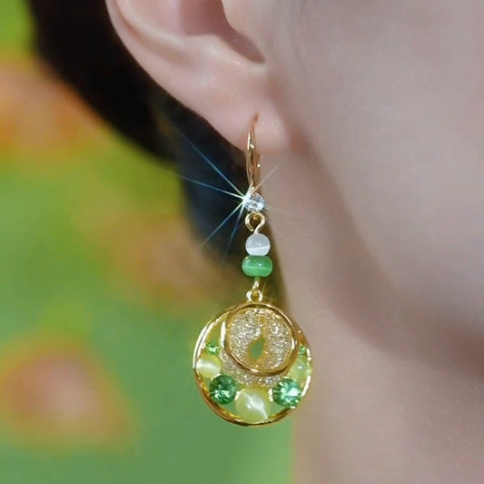Light luxury high-end sense circle safety buckle green diamond-encrusted opal earrings women's fashion versatile ear hook temperament earrings