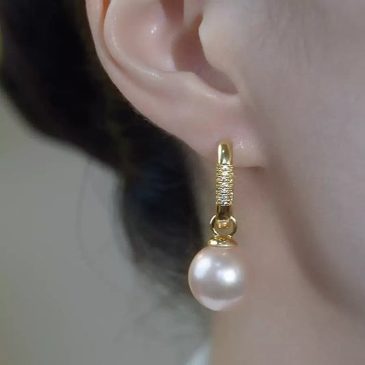 light luxury high-end gentle pink pearl earrings women's niche temperament diamond-set ear buckle popular new earrings