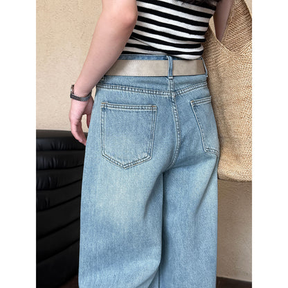 Luxi, Korean denim high-waisted and thin wide-leg pants women's spring new casual versatile classic straight-leg pants 68265