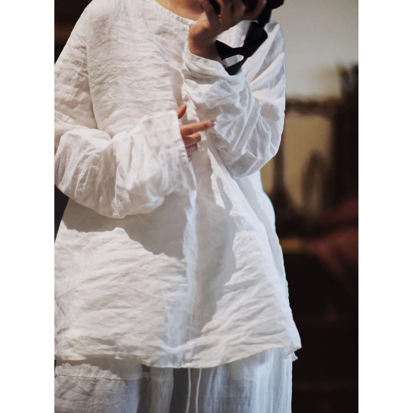 2025    22/12 Winter Solstice/Early Spring Simple Literary Thick Ramie Pullover Solid Color Shoulder Shirt