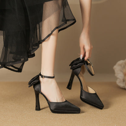 2025 105-2 Bow pointed stiletto high heels waterproof table not tired feet single shoes women's word hollow high heel sandals