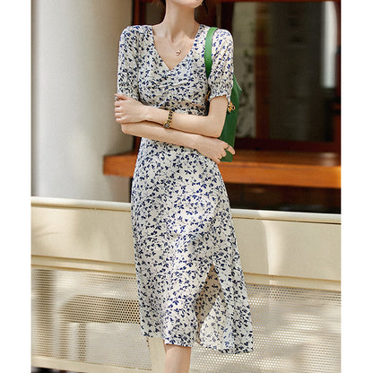 2025 Silk skin-friendly skirt bubble sleeve split-ended dress summer mulberry silk lining  floral tea break skirt