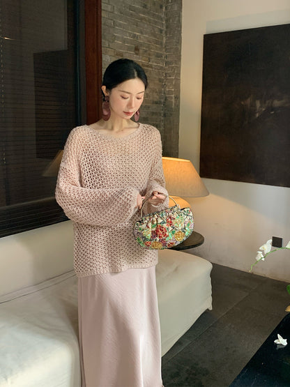 2025 popular autumn loose long-sleeved hollow knitted sweater women's top oversize sweater 25064
