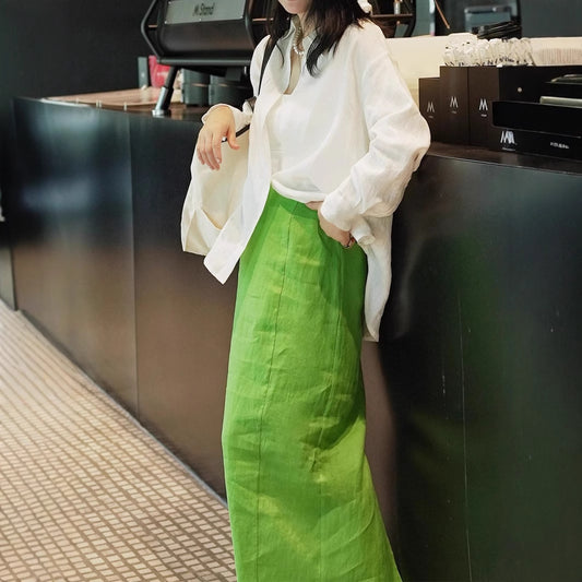 2025 early spring new jadeite shadow original design linen suit women's white shirt green skirt two-piece set