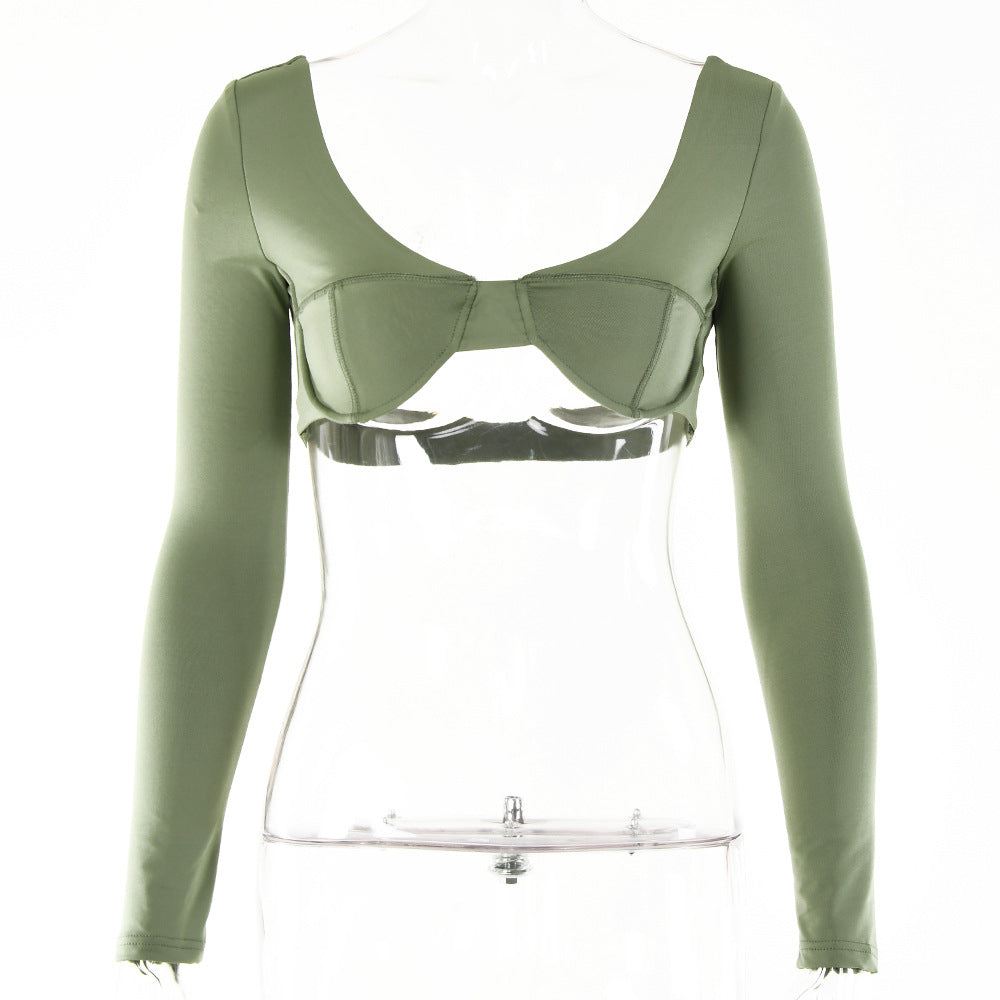 2025 sexy V-neck Spice Girls chest-wrapped T-shirt  summer new solid color U-shaped backless long-sleeved navel top