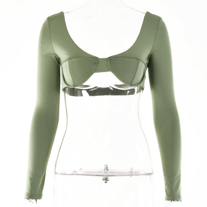 2025 sexy V-neck Spice Girls chest-wrapped T-shirt  summer new solid color U-shaped backless long-sleeved navel top