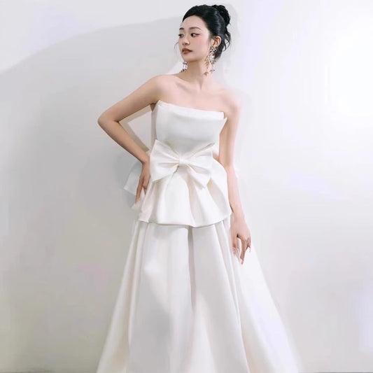 2025 tube top light wedding dress bride simple niche satin temperament go out yarn Mori bow engagement dress skirt