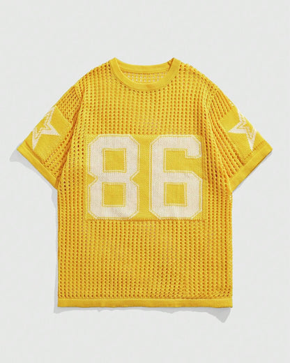 Summer  new splicing fashionable versatile printing mesh breathable sports sweater short-sleeved top