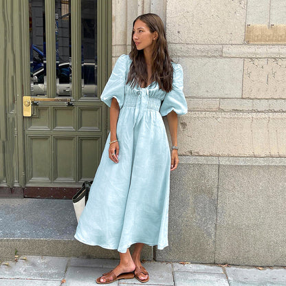 2025 Cross-border  summer new  elegant long dress sexy low-cut V-neck bubble sleeve high-waisted cotton and linen dress