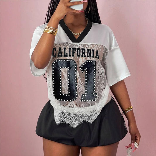 summer new women's clothing New Popular trade printing loose casual street perspective sexy lace splicing top