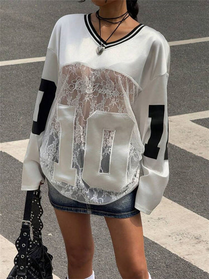 Popular,  and summer new women's clothing New Popular trade personalized trend wind printing lace perspective V-neck sweater
