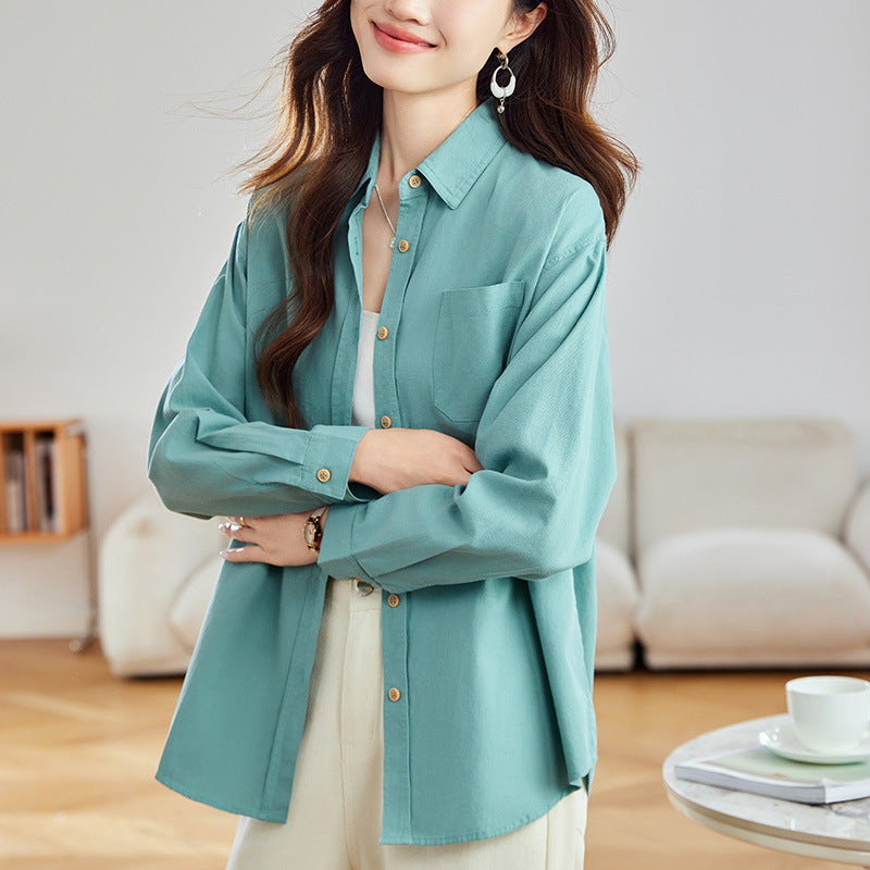[Customized] Wooden button green shirt women's long sleeves  spring clothes new medium and long top loose shirt
