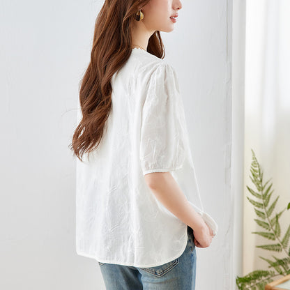 [Customized] Lace lace round neck shirt women's short sleeves  summer wear new temperament light embroidered shirt