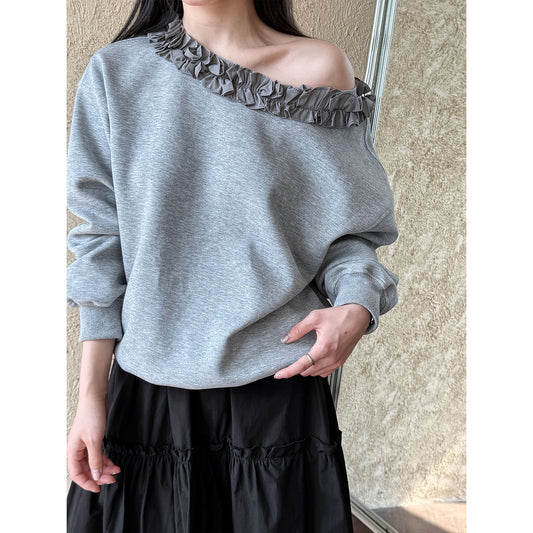 Luxi, Korean version of fungus lace slanted shoulder long-sleeved sweater women's spring new loose casual versatile top 2903