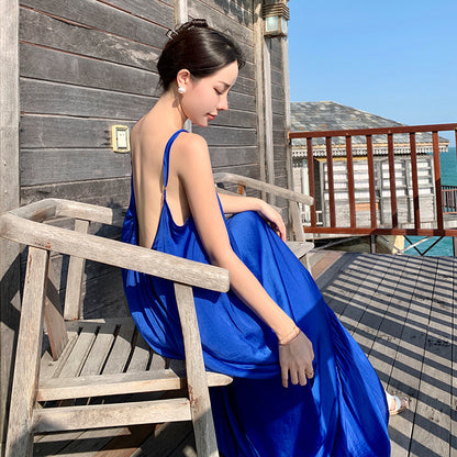 2025 Klein blue Sanya beach dress summer suspender sexy backless and thin seaside vacation super fairy long dress