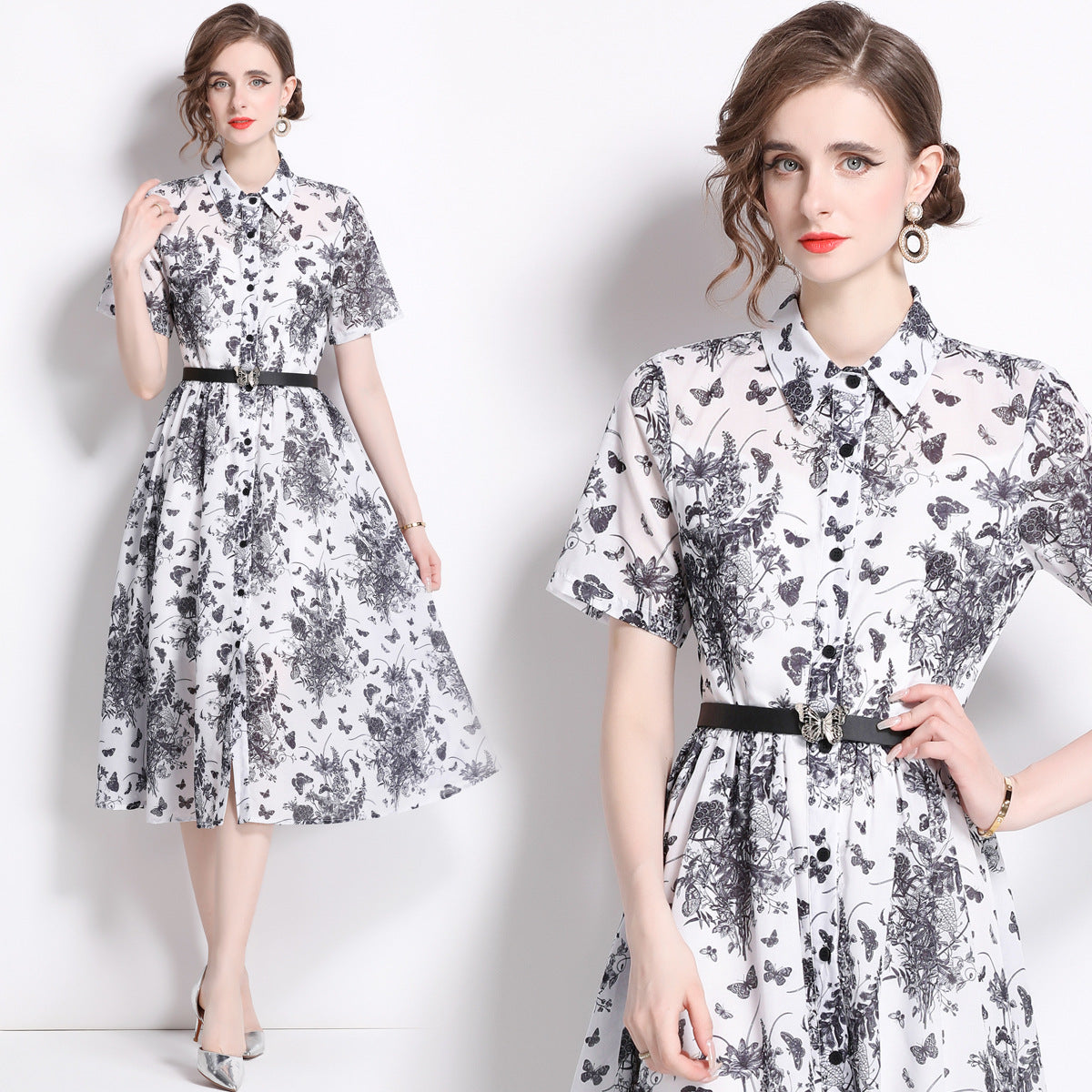 Summer high-end retro temperament short-sleeved lapel waist thin single-breasted a-word ink painting printed dress