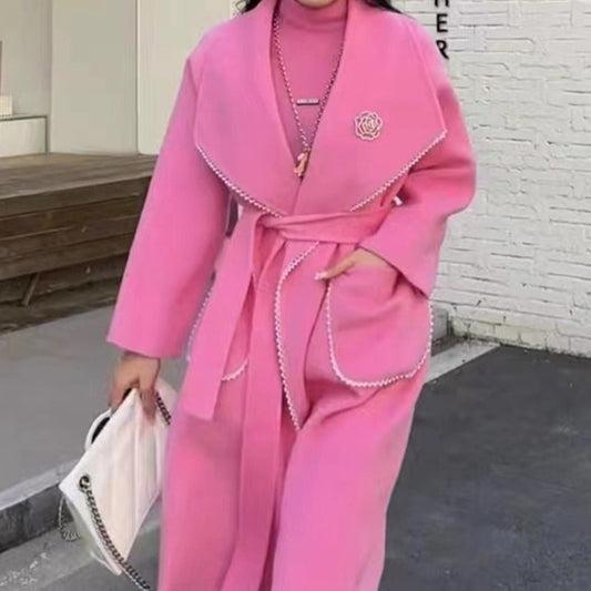 2025 Temperament design small fragrant wind bead trim decoration extended double-sided wool coat autumn and winter lace-up woolen