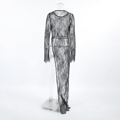 2025 Sexy black perspective dress brocade lace round neck long sleeve split asymmetric dress summer  versatile dress