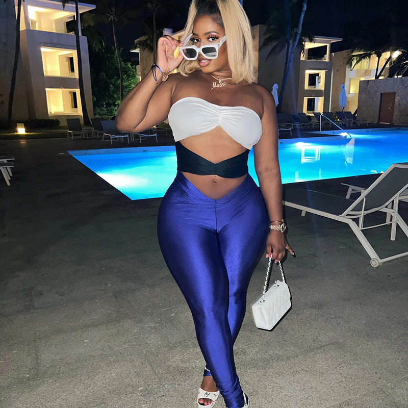 2025 popular tight sexy contrasting color hollow jumpsuit autumn hot-selling fashion tube top backless leggings women