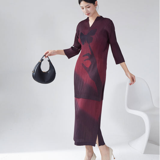 2025 Fashion Suit Women's Two-piece Suit High-end Retro Printed Medium and Long T-Shirt Top Split Skirt Autumn