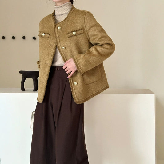2025 Solid color rough edge small fragrant wind round neck single-breasted front shoulder hand-sewn short double-sided nylon wool woolen coat coat women