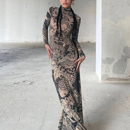 New women's clothing  autumn new fashion mesh printing perspective turtleneck slim and thin dress women