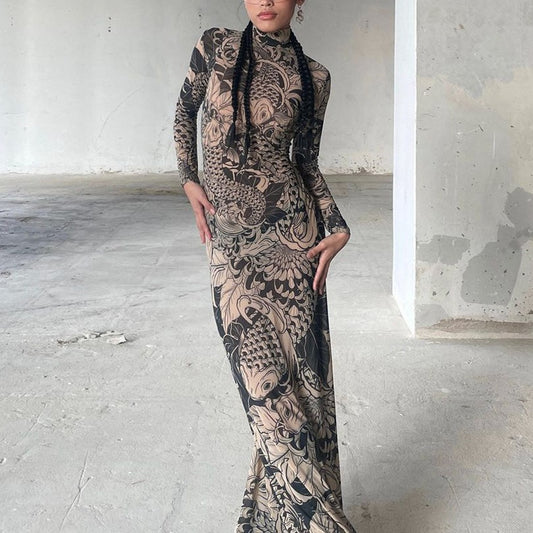 New women's clothing  autumn new fashion mesh printing perspective turtleneck slim and thin dress women
