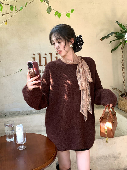 2025 popular autumn and winter loose long-sleeved temperament wool long-sleeved solid color knitted sweater sweater women 25193