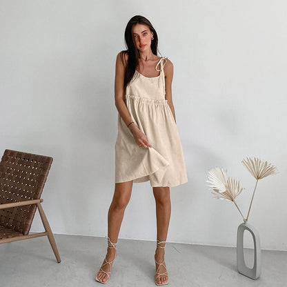 2025 Cross-border  summer new  sexy babes suspender dress salt-tie pullover loose cotton and linen A-shaped skirt