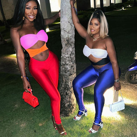 2025 popular tight sexy contrasting color hollow jumpsuit autumn hot-selling fashion tube top backless leggings women