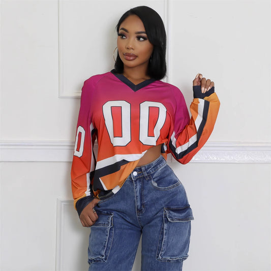 popular Autumn Festival new New color contrast fashion printing loose leisure sports style long-sleeved jersey V-neck top