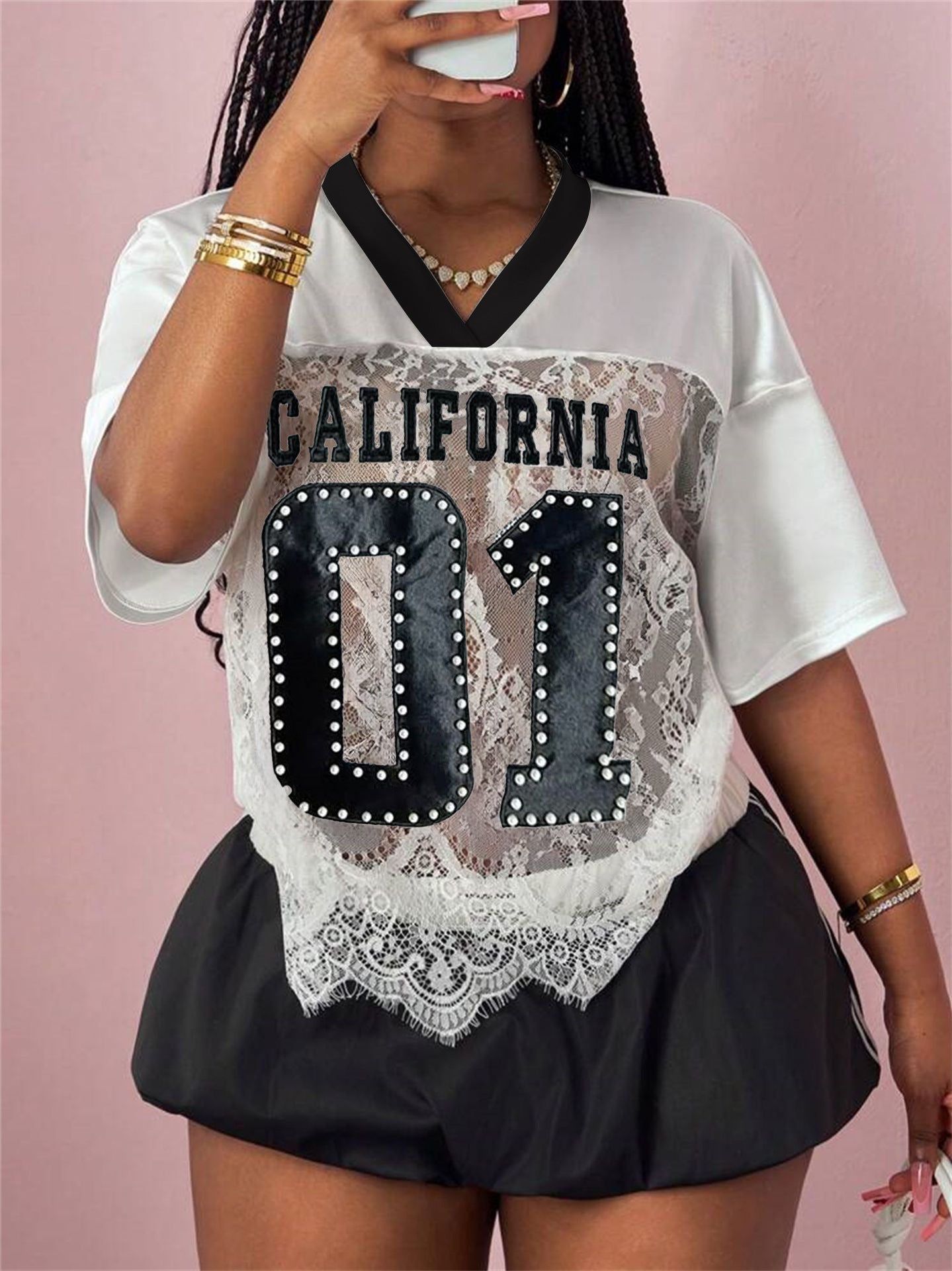 summer new women's clothing New Popular trade printing loose casual street perspective sexy lace splicing top