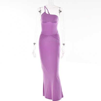 2025 Cross-border new  fashion and sexy backless suspender dress solid color waist pleated split dress summer women