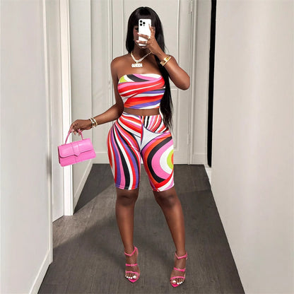 summer  Popular trade New fashion contrasting color printing sexy tube top sleeveless top hip-wrapped short suit