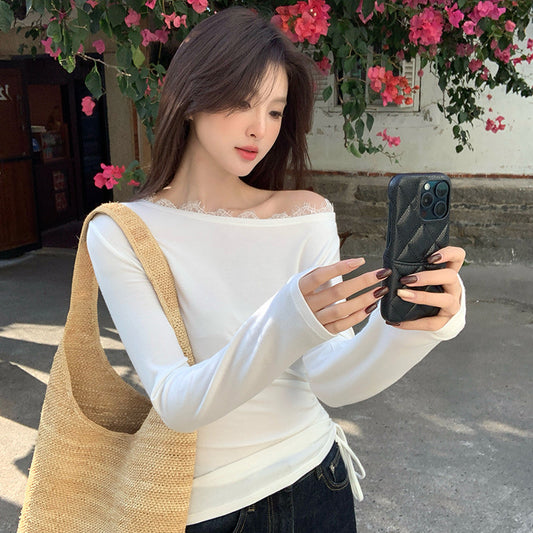 2025 Thirteen Lines  Spring New Korean Edition Temperament Lace Slant Neck Bottom Shirt Long Sleeve Top 89190
