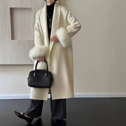 2025 Solid color lapel fox hair cuffs loose lace-up bathrobe double-sided wool coat woolen jacket women's warm autumn and winter