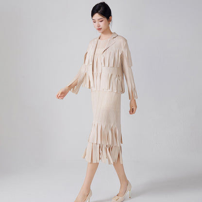 2025 Women's temperament fashion suit women's high-end fringed sleeveless dress cardigan shawl jacket two-piece set spring