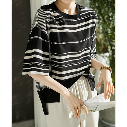 2025 Heavy silk, design striped T-shirt  summer new women's loose, bat-sleeved mulberry silk top
