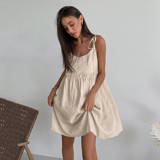 2025 Cross-border  summer new  sexy babes suspender dress salt-tie pullover loose cotton and linen A-shaped skirt