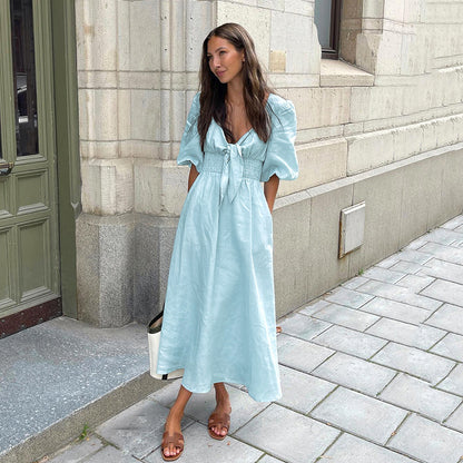 2025 Cross-border  summer new  elegant long dress sexy low-cut V-neck bubble sleeve high-waisted cotton and linen dress