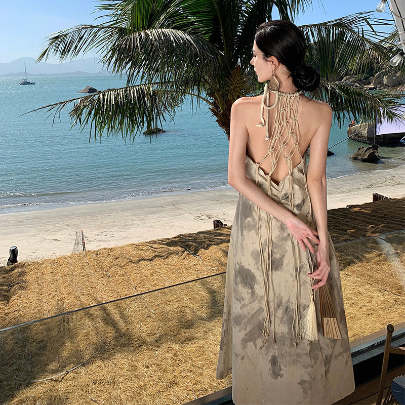 2025 Design sense woven neck dress women's summer seaside wear with backless beach skirt new Chinese ink suspender skirt fairy