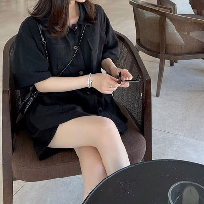2025 spring and summer pickle green linen short set women's loose lazy style cotton and linen top and shorts two-piece set
